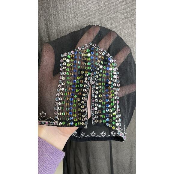 Silkland 100% Silk Black L Embroidered Beaded Sequined Blouse Sheer Rainbow - Picture 8 of 15